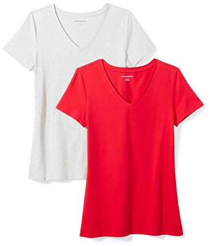 Amazon Essentials Women's 2-Pack Classic-Fit Short-Sleeve V-Neck T-Shirt, Red/Light Grey Heather, X-Large