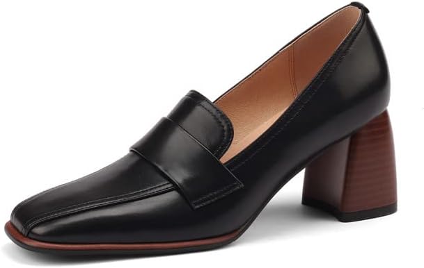 TinaCus Women's Square Toe Handmade Genuine Leather Mid Chunky Heels Slip On Vintage Pumps Shoes