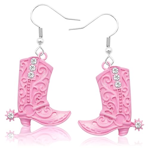 Pink-Color Western West Cowgirl Texas Boots Spur Dangle Drop Earrings Rodeo Boho Fancy Dress Costume