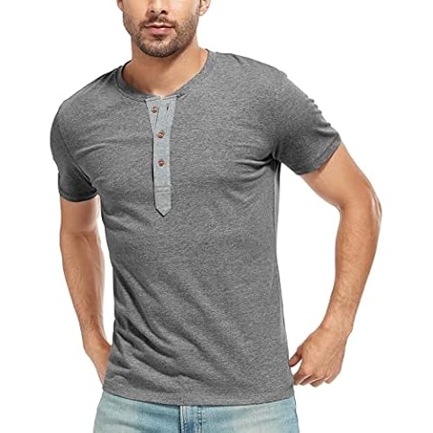 WAZZAP Henley T-Shirts Mens Short Sleeve Cotton Casual Crew Neck Grandad Tee Shirts Buttons Tops Dark Gray Cover