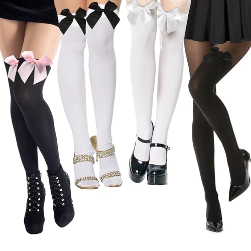 AILUYA Juego de 4 pares de medias con lazo,calcetines altos hasta la rodilla,calcetines Kawaii de encaje por encima de la rodilla,medias de malla de poliéster para niñas, mujeres,accesorios de fiesta