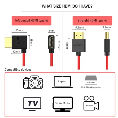 HangTon Kabel HDMI 8K 4K 60fps High Speed do monitora ATOMOS Ninja V Shinobi, Sony A9 FX3 A7Siii, Canon R5ii, BMPCC6K, Teradek FEELWORLD Portkeys SmallHD, czerwony pleciony zwijany, w kształcie litery