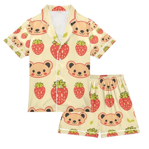 senya Face Bear with Strawberry Satin Summer Pajama Sets Silk Short Sleeve Button Down Sleepwear