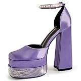 Platform Heels for Women Sexy,Chunky Block Heels for Women Fashion Square Toe Ankle Strap Buckle Rhinestones Wedge Silk Satin High Platform Heels Dress Pumps Shoes Club Party Wedding Purple,08