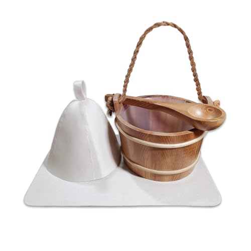 NUIBY Red Cedar Sauna Bucket and Ladle Set, withSauna Hat and Seat Pad, Traditional Wooden Water Bucket 1.3 Gallon with Plastic Liner for Sauna Room Sauna Heater - Thumbnail 6