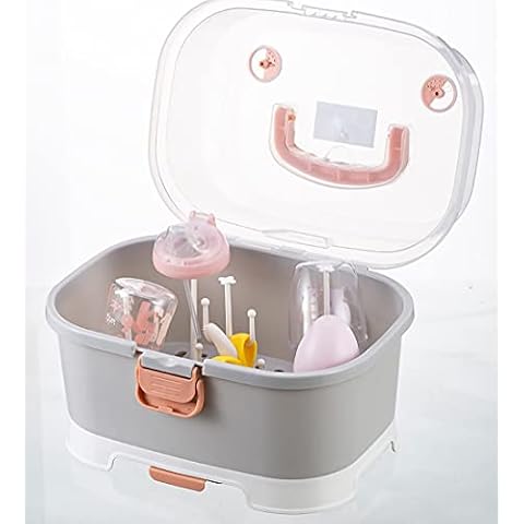 Zdolmy Baby Bottle Drying Rack Storage, Large Nursing Bottle Storage Box Organizer with Cover, Portable Kitchen Cabinet Organizer, Easy to Clean Drainer, Grey Cover