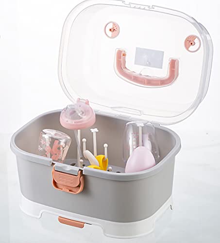 Image of Zdolmy Baby Bottle Drying Rack Storage, Large Nursing Bottle Storage Box Organizer with Cover, Portable Kitchen Cabinet Organizer, Easy to Clean Drainer, Grey