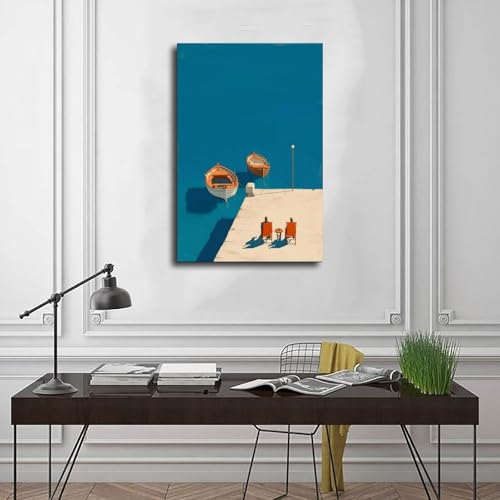 Tableau bleu méditerranéen de bateau toile minimaliste 61x91 cm