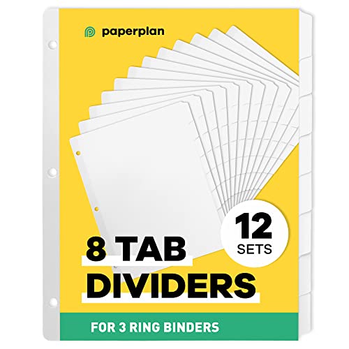 Binder Dividers with Tabs - (Set of 12) x 8-Tab Dividers for 3 Ring Binders, White, Reinforced Edge - Ideal for Keeping Your Documents Neat and Professional