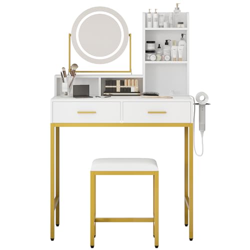 CherishCradle Coiffeuse Blanche avec Miroir LED 360°, 3 Couleurs, 2 Prises et 2 USB, 2 tiroirs, 5 rangements, Tabouret