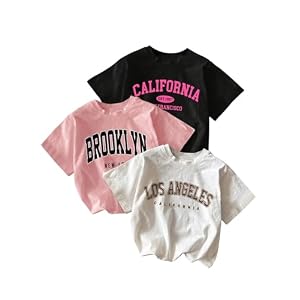 Girl’s 3 Packs T Shirts Set Letter Graphic Tees Short Sleeve Crew Neck Summer Tee Shirt
