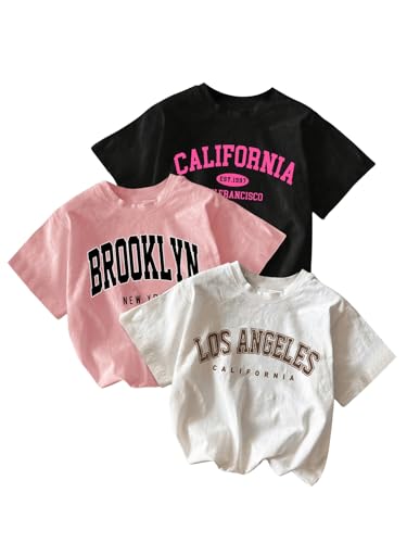 Girl's 3 Packs T Shirts Set Letter Graphic Tees Short Sleeve Crew Neck Summer Tee Shirt
