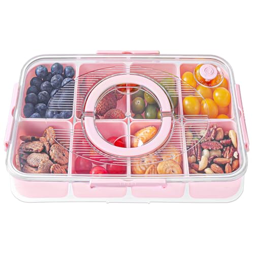 Luxear Vassoio per Snack, Vassoio da Portata in Diviso con Coperchio, Contenitori per Snack con 8 Scomparti, Piatto da Portata per Snack Caramelle Noci Biscotti Frutta Verdura Picnic, Rosa