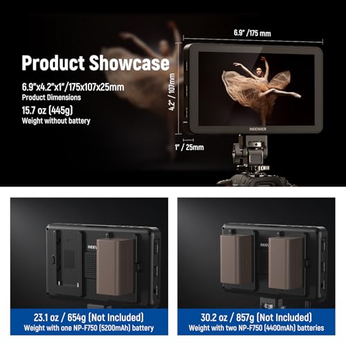 Image of NEEWER F700 7 inch Camera Field Monitor, 2000nit HD 1920x1080 IPS Touch Screen with 3D LUT, 4K HDMI Loop in /Out with Peak Focus DSLR Video Assist HDR Waveform, Cold Shoe Mount, Battery Not Included
