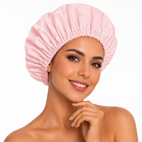 Aquior Shower Caps, Reusable Shower Cap for Women, Waterproof Layer Hair Cap, Large Size for All Hair Lengths,for Girls Spa Home Salon Use (Pink)