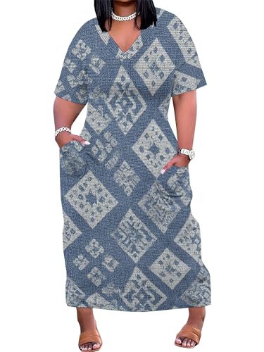Image of SUZONANA Plus Size Denim Print Maxi Dresses for Women Casual V Neck Short Sleeve with Pockets Soft Jean Look Dress XL-6XL