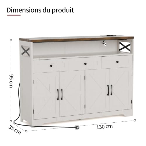 BonVache Meuble de Rangement, Buffet, avec Placard 4 Portes, 3 Tiroirs, Enfilade avec étagère Ouverte, pour Salle à Manger, Salon, Cuisine, entrée, 130 x 35 x 95 cm, Blanc – vue 2