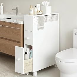 Jerry & Maggie Bathroom Storage Cabinet Movable freestanding Toilet Organizer with Multi Tier Shelves Drawers and Toilet Paper Rack Space Saver for Home Bathroom or Living Room Storage