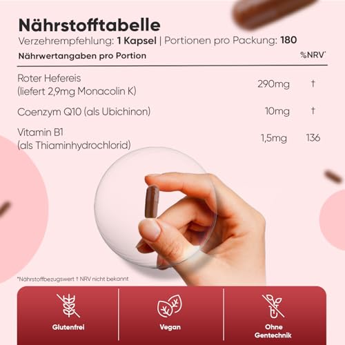 Roter Hefereis - 290mg pro Kapseln - 6 Monate Vorrat - Monacolin K mit CoQ10 (Ubichinon) & Vitamin B1 (Thiaminhydrochlorid) - 180 vegan Capsules - Red Yeast Rice - WeightWorld