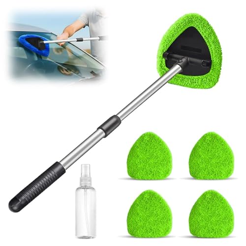 Snrtevu Kit de Nettoyage pour Vitres Carivys, Brosse de Nettoyage Extensible à 180° avec Manche, 4 Tampons et 1 Vaporisateur, Brosse Pare Brise Voiture Interieur, Roulez Clair Tout l’Hive (Vert)