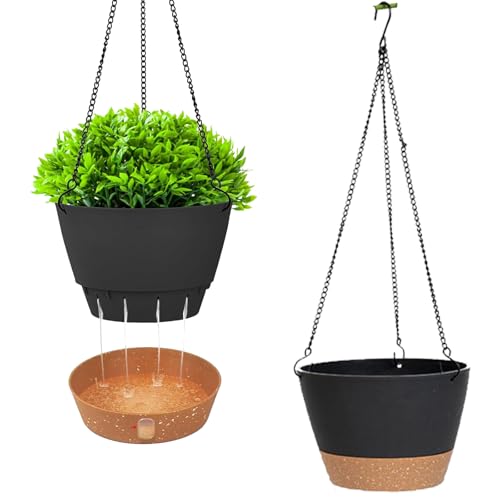 Paquete de 2 macetas colgantes con base extraíble de agua visible, cesta colgante para plantas al aire libre, platillo de riego automático, maceta colgante de plástico para colgar plantas, jardín,