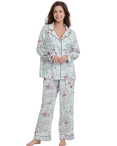 Image of YiNi LuLu Womens Silk Satin Pajamas Set Button Down 2 Piece Pjs Long Sleeve Oversized Sleepwear with Pockets