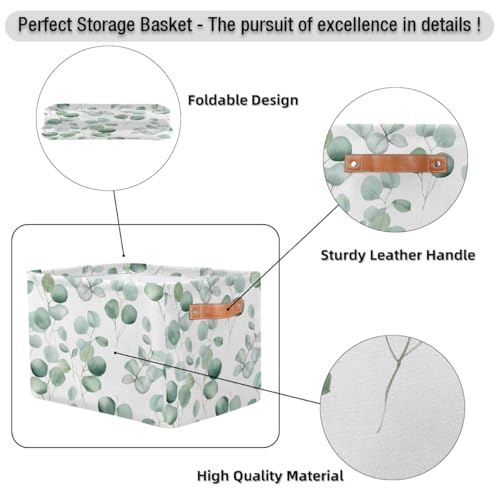 Image of Eucalyptus Leaves Storage Baskets for Organizing, Fabric Collapsible Storage Bins Box Sage Green Decorative Toy Organizer Baskets for Closet Shelves Gift Basket 1 Pc