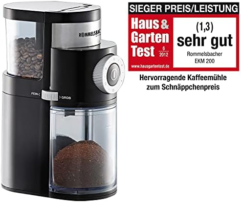 Bild 1 - ROMMELSBACHER Kaffeemühle EKM 200 – aromaschonendes Scheibenmahlwerk, Mahlgrad einstellbar von grob bis fein, 2-12 Portionen, Füllmenge Bohnenbehälter 250 g, 110 Watt, schwarz