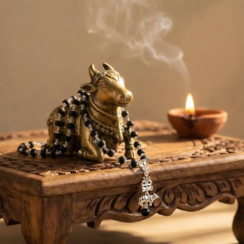 Image of Original Karungali Mala with Shiv Shakti Trishul Damru Nandi Pendant | Natural Black Ebony Wood Karungali Mala with traditional spiritual pendants for meditation prayer yoga and Pooja