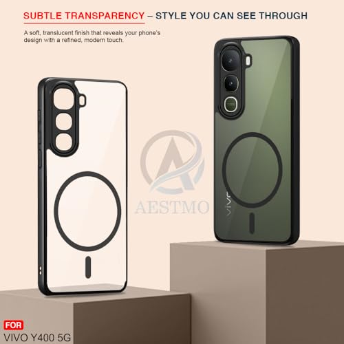 Image of AESTMO Vivo Y400 5G Back Cover | 360 Protection | Crystal Clear Hard Back Transparent | Compatible with MagSafe Accessories for Vivo Y400 5G (PC+TPU, Black Bumper)