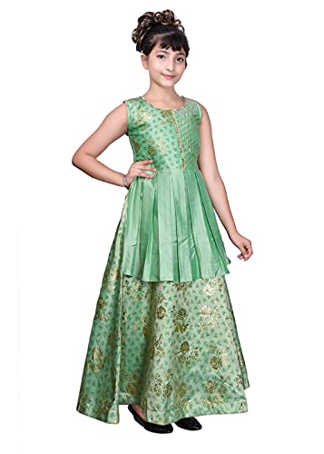 Image of Sky Heights Girl's Silk Slend Fit and Flare Maxi Wedding Dress (ZB Print Green38 Green 13-14 Years)