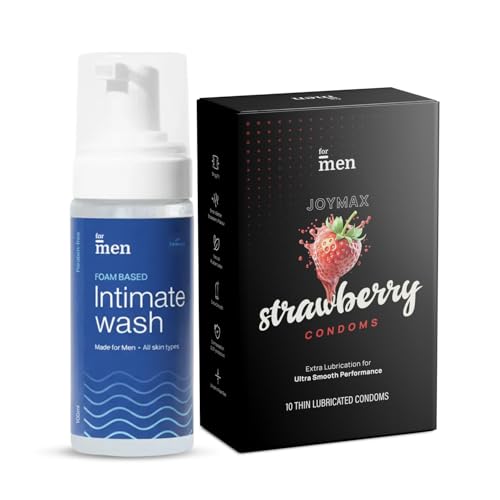 Image of ForMen Joymax Strawberry Flavored Condoms 10-Count With Intimate Wash For Men | Foam Based Formula | Anti Bacterial, Anti Itch Cleansing, Intimate Hygiene