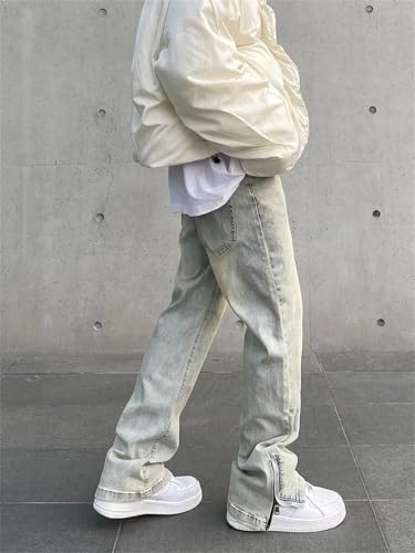 Men's Vintage Wash Distressed Jeans Straight Leg Side Slit Zippered Baggy Pants Style Casual Wear3
