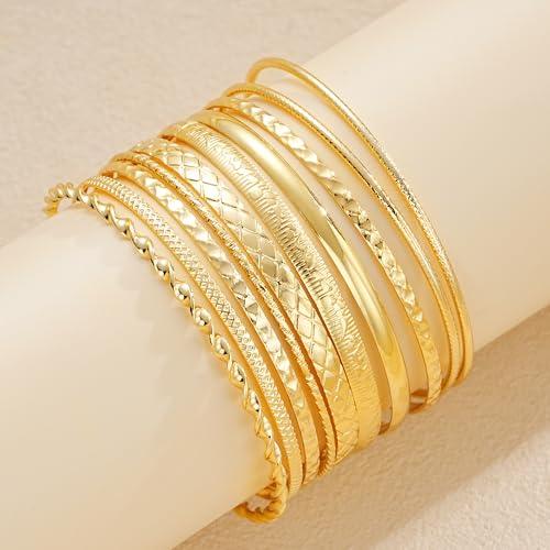 Image of IF ME Gold Bangle Bracelets for Women, Indian Bangles Stackable Set, Multi Layer Textured 18K Gold Plated Chunky Bracelets Boho Jewelrys Set