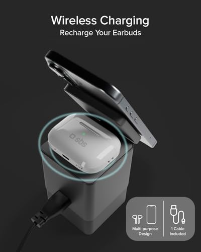 SBS Power Dock 6in1 100W USB-C, Kabelloses Laden 15W, MagSafe-kompatibel, Power Delivery (PD 3.0 PPS), Ladestation mit 2X Einziehbarem Kabel, Netzteil für Notebook, iPhone, AirPods, Schwarz