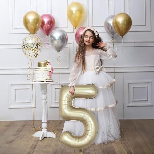 Image of Metallic Gold 5 Balloons, 40 Inch Giant Light Gold Mylar Foil Number 0-9 Helium Balloon for Girls Boys, Self Inflating Champagne 5th Birthday Balloon for Women Anniversary Party Decorations Supplies