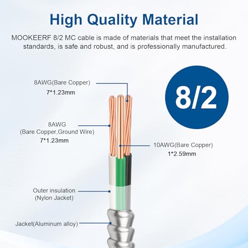 Image of MOOKEERF 8 /2 MC Cable with Ground - 250FT Pure Copper 8AWG /2 Metal Clad Wire with Aluminum Armor 8 Gauge 2 Conductor Type MC Alum Cable