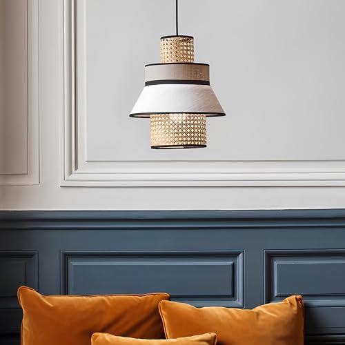 Image of AKWAY Rattan Hanging Lamp for Living Room | Cane Pendant Light | Wicker Ceiling Light | Stylish Boho Pendant Light for Bedroom, Hallway, Office, and Home Decor | Adley Collection 30cm Dia