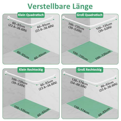 Duschvorhangstange L Form, (60-135cm) × (60-135cm) Verstellbare Weiß Duschstange L Form, Duschstange Ecke mit 12 Ringen & Deckenstütze für Badezimmer, Bohren Erforderlich
