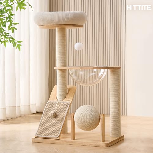 HITTITE Solid Wood Cat Tree Tower with Scratching Post, 37.8 Inches Tall Cat Towers with Scratching Board and Scratcher Ball, Modern Cat Tower With Space Capsule and Removable Top Bed for Indoor Cats.