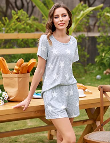 Ekouaer Womens Short Sleeve Pajamas Set Sleepwear Nightwear Star Pattern Bottom Lounge Nightgowns Pjs Sets(Light Grey White Star, Small) #TOP3