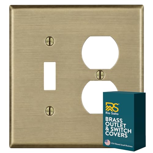 Rio Salto MIDSIZE BRASS Toggle Duplex Combination Wall Plate Vintage Gold Antique Brass Switch Outlet Cover Two Light Swtich Cover Combo — Signature Collection, 5.00" X 4.94"