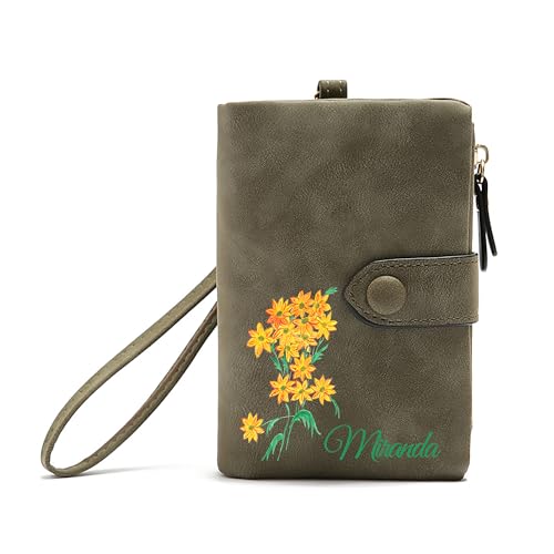 Personalized Wallet Custom Birth Flower & Name, Small Leather Wallet Coin Purse Card Holder for Women Mom Teen Girls Valentines Day Gifts for Her, Customized Wristlet Wallets Bridesmaid Gifts