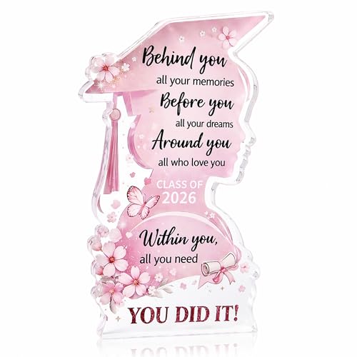 Graduation Gifts for Girls 2026 - Class of 2026 Graduation Decorations College University Senior Keepsake - Pink Silhouette Acrylic Plaque for High School Graduate Desk Decor for Dorm Office Home