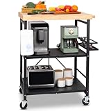 PLKOW Foldable Kitchen Cart with Solild Oak Wood Top, Rolling Kitchen Island on Wheels, 3-Tier Storage Utility Cart for Microwave, Toaster Oven, Small Spaces