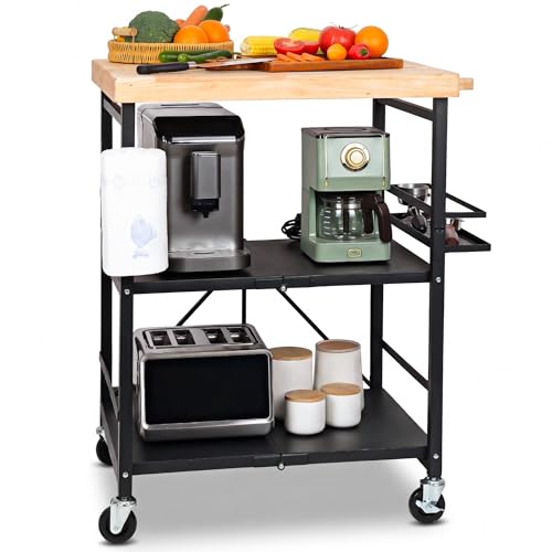 Image of PLKOW Foldable Kitchen Cart with Solild Oak Wood Top, Rolling Kitchen Island on Wheels, 3-Tier Storage Utility Cart for Microwave, Toaster Oven, Small Spaces