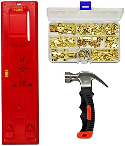 AW9 Picture Hanging Kit - Includes Picture Hanging Level Tool and Stubby Hammer, 220 Piece Wall Hanging Accessories with Picture Hanging Wire and Heavy Duty Hooks.