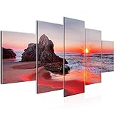 Bilder Sonnenaufgang Strand Wandbild 200 x 100 cm Vlies - Leinwand Bild XXL Format Wandbilder Wohnzimmer Wohnung Deko Kunstdrucke Rot 5 Teilig - MADE IN GERMANY - Fertig zum Aufhängen 609551b
