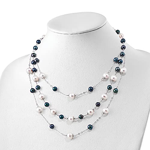 925 Sterling Silver 6 10Mm White Black Freshwater Cultured Pearl Layered 2 Inch Neck Necklace Pendant Charm Multi Layer Fine Jewelry For Women Gifts For Her #TOP1