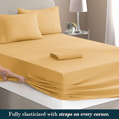 Image of Mocassi Luxury 4-Piece Sheet Set, Ultra Soft 1800 Premium Hotel Quality Microfiber Sheet Set, Fits Mattresses Up to 18 to 24 Inches Extra Deep Pocket - Breathable and Secure Fit, Twin, Gold